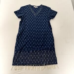 Souk Indigo 100% Silk Boho Top Size s Tan Tassel Tie Hem Peasant Dress